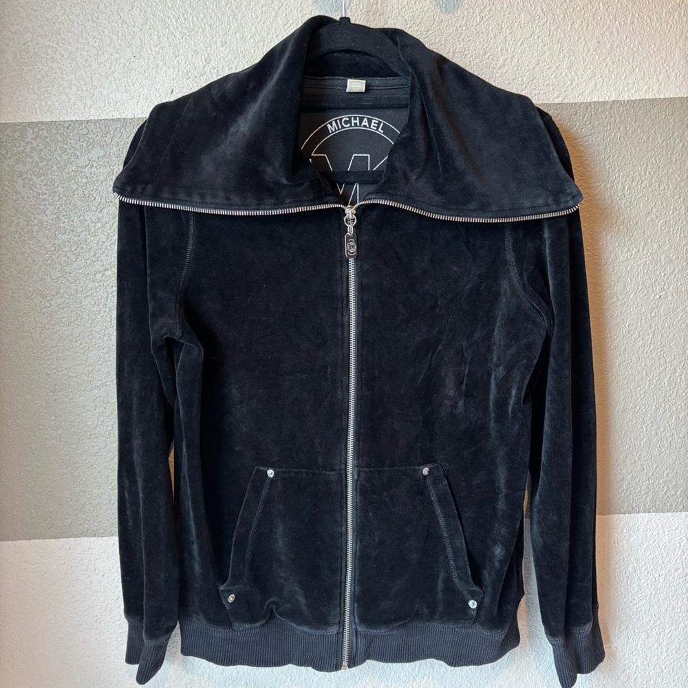 Michael Michael Kors Black Velour Full Zip Jacket Sweater Silver Hardware M